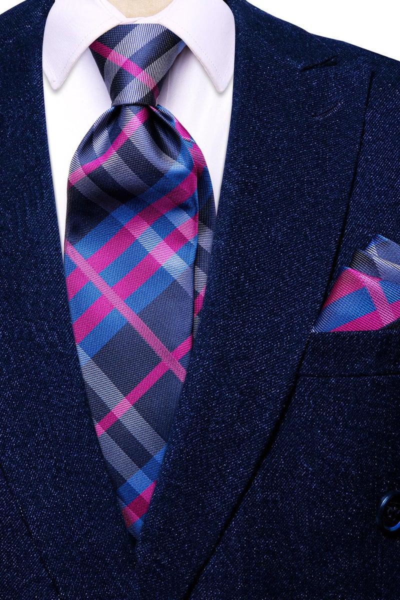 Dubulle Mens Pink Blue Checks Striped Tie WOVEN Necktie for Men and Handkerchief Cufflinks Set Wedding Formal Business - Image 2